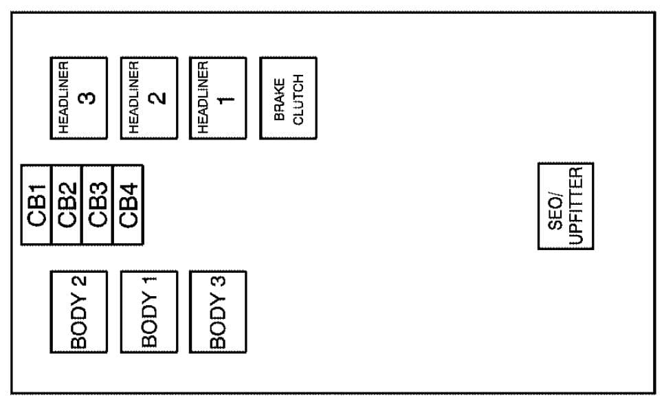 Cadillac Escalade mk3 - fuse box - center instrument panel (top view)